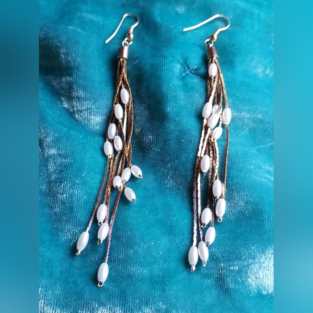 Elegant White and Gold Tone Dangle Earrings